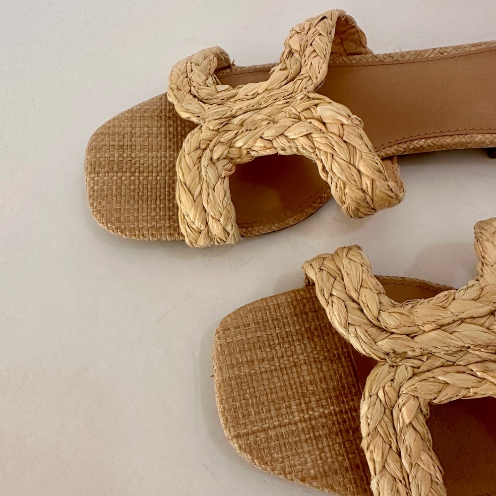 Express Women’s Light Braided Rattan Straw Slip On Slides Sandals tan In Size 8 - Picture 5 of 11